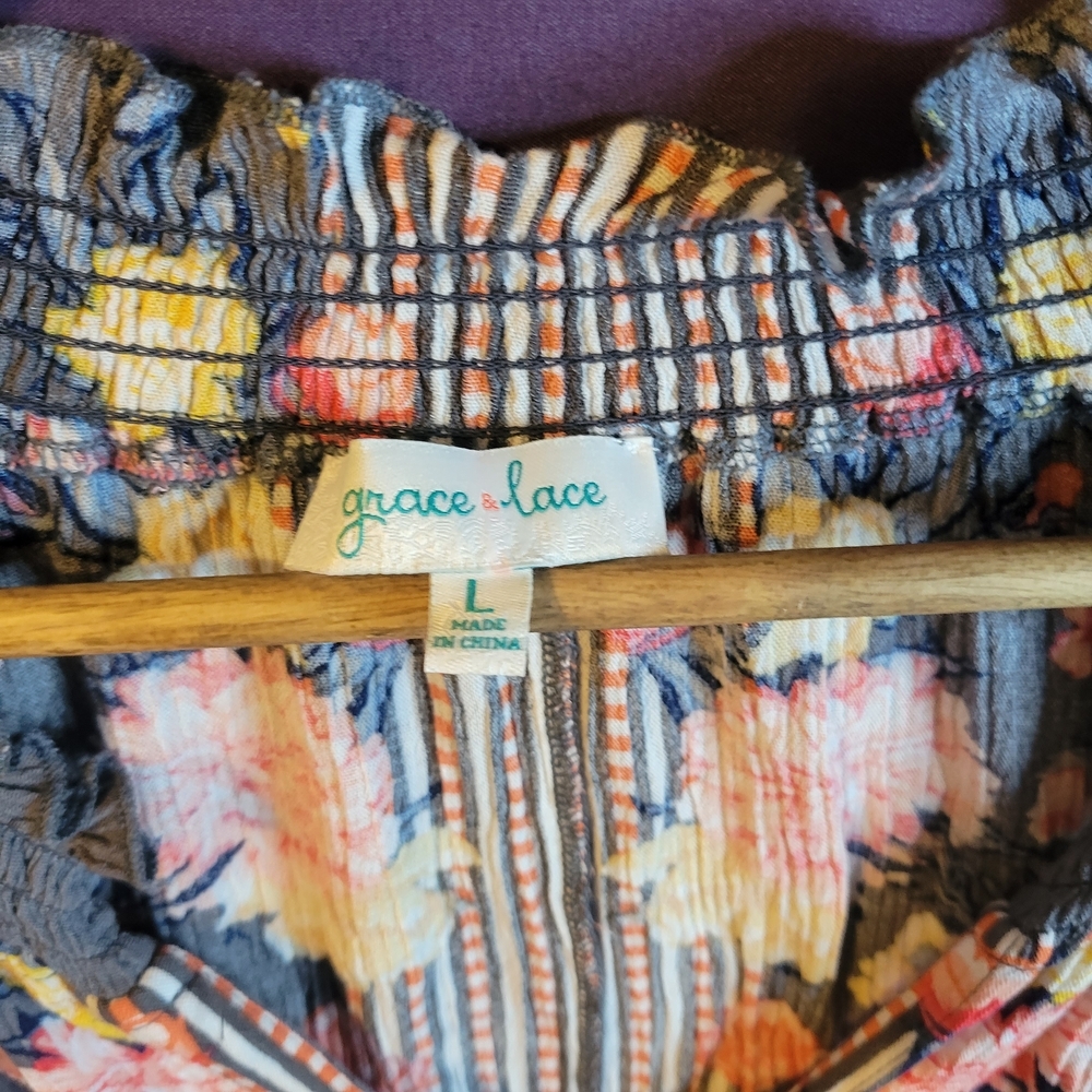 Grace & Lace Floral Blouse - Gray with Pink and Yellow - Picture 2 of 6